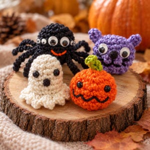 May include: Four small crocheted figures including a black spider with multiple googly eyes, a purple cat with googly eyes, a cream-colored ghost with black bead eyes, and an orange pumpkin with a green stem and a stitched black mouth.