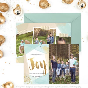 Christmas Card Template for Photographers, Christmas Card Template for Photoshop, Holiday Card Templates, Modern Gold Blue Watercolor HC277 image 1