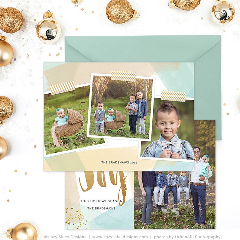 Christmas Card Template for Photographers, Christmas Card Template for Photoshop, Holiday Card Templates, Modern Gold Blue Watercolor HC277 image 2