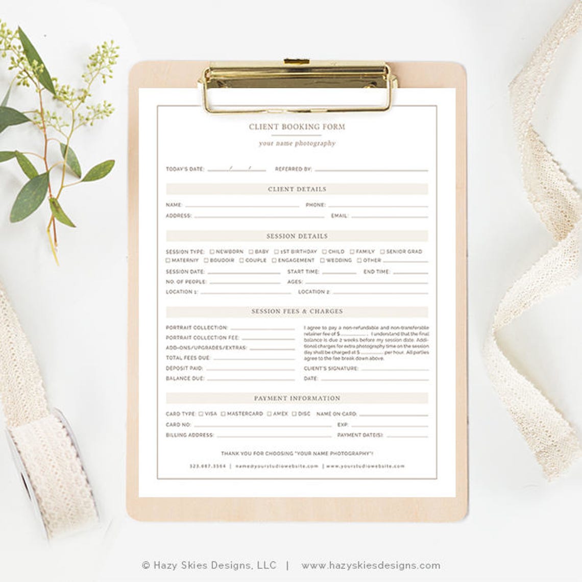 Photography Client Booking Form Template Client Informantion - Etsy