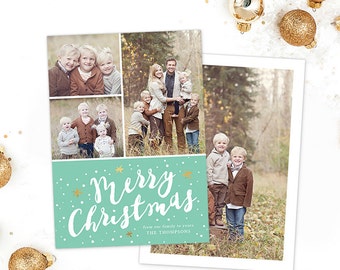 Christmas Card Template for Photoshop, Christmas Card Template for Photographers, Holiday Card Templates, Gold Mint Calligraphy HC282