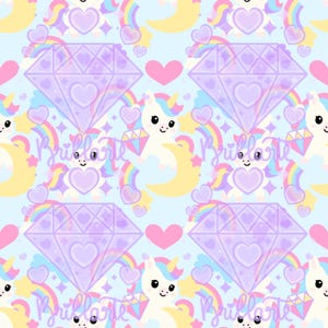 Puede incluir: Un patrón repetitivo sobre un fondo azul claro con unicornios blancos de crines coloridas, lunas crecientes amarillas, corazones rosas, arcoíris y grandes diamantes de color lavanda. La palabra Brilarte aparece en letra cursiva morada.