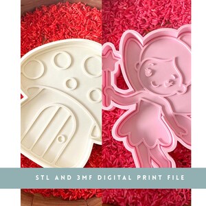 May include: A white mushroom house cookie cutter and a pink fairy cookie cutter with a star wand, both featuring raised outlines for imprinting. The text STL AND 3MF DIGITAL PRINT FILE is displayed at the bottom of the image over red rice.