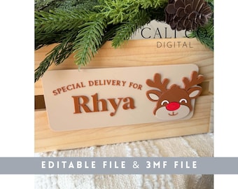 May include: A light-colored wooden crate featuring a rectangular sign with the text SPECIAL DELIVERY FOR Rhya and a cartoon reindeer with a red nose. The sign is attached to the front of the crate, which is decorated with green pine branches.