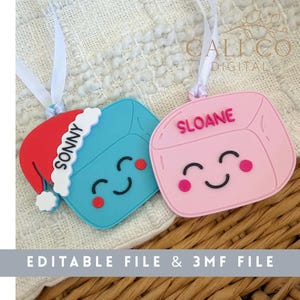 Può includere: Due ornamenti in silicone a forma di marshmallow con nastri bianchi. Uno è blu con un cappello da Babbo Natale rosso e il nome SONNY, l'altro è rosa con il nome SLOANE. Entrambi hanno facce sorridenti. Testo: EDITABLE FILE & 3MF FILE.