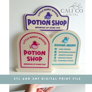 May include: Three cream-colored signs with raised lettering and icons. One rectangular sign reads Potion Shop, Little Magic Makers, Brewing Up Some Fun. Two arched signs feature Potion Shop and Potion Menu with icons for love, happiness, growth, bravery, and kindness.