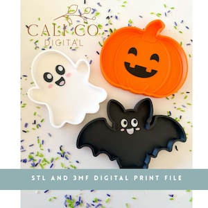 May include: Three Halloween-themed cookie cutters in the shapes of a white ghost, an orange pumpkin with a jack-o'-lantern face, and a black bat. The text CALIGO DIGITAL and STL AND 3MF DIGITAL PRINT FILE are visible on the image.