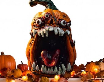 Eng pompoenmonsterbeeldje, griezelig Halloweenbeeldje van hars, horror tafeldecoratie, spookhuisdecoratie, gotisch cadeau