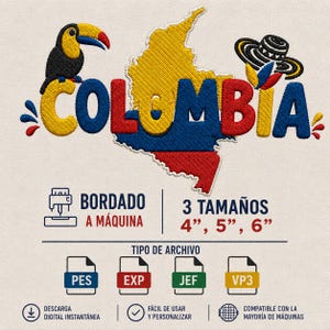 May include: An embroidery design featuring the word COLOMBIA in yellow, blue, and red, with a toucan, a map of Colombia, and a sombrero vueltiao. Text includes BORDADO A MÁQUINA, 3 TAMAÑOS 4", 5", 6", TIPO DE ARCHIVO, PES, EXP, JEF, VP3, and icons.