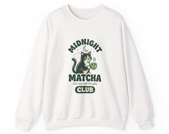 Midnight Matcha Club Sweatshirt | matcha aesthetic, cat latte graphic