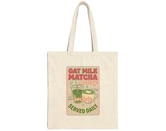Matcha Society Tote | Cotton Canvas Tote, Cafe Aesthetic, Green Pink Latte Art