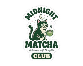 Midnight Matcha Club Sticker | Matcha Aesthetic, Cat Mug, Green Pink