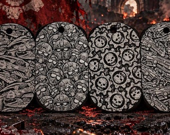 Lasergraverade Gears of War-hundbrickor | Omen-, karmin- och kugghjulsdesigner (svart aluminium)