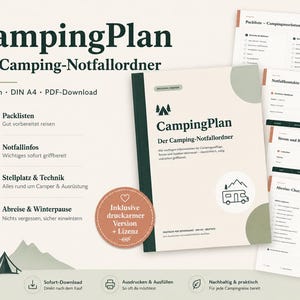 May include: A digital camping planner document titled CampingPlan Der Camping-Notfallordner, featuring 32 pages in DIN A4 format. The layout includes checklists, emergency contact forms, and technical information for campers, with icons and text.