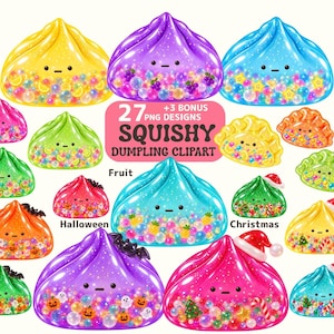 Può includere: Una collezione di ventisette clip art digitali di ravioli che raffigurano personaggi colorati e morbidi con vari ripieni come frutta, icone di Halloween ed elementi natalizi, etichettati con il testo 27 PNG DESIGNS SQUISHY DUMPLING CLIPART.