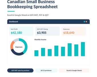 Canadian Small Business Bookkeeping Spreadsheet | Excel, Google Sheets, GST/HST Tracker (Instant Download)