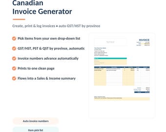 Canadian Invoice Generator | Auto GST/HST by Province (Excel/Sheets)
