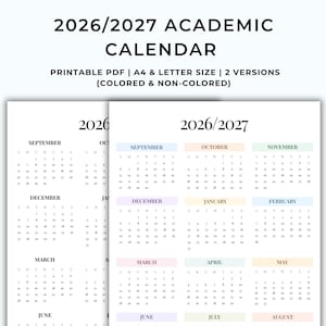 Pode incluir: Um calendário académico 2026/2027 em PDF imprimível, disponível nos tamanhos A4 e carta. O documento apresenta duas versões, colorida e não colorida, exibindo grelhas mensais de setembro de 2026 a agosto de 2027 com texto preto claro.