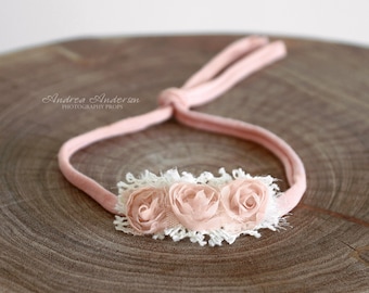 Baby Flower Tieback Headband, Newborn Baby Photo Prop Pink and Neutral Floral Halo Crown Tieback Headband RTS Newborn Photography Props, UK