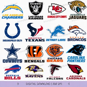 May include: A collection of sixteen National Football League team logos arranged in a grid, including the Los Angeles Chargers, Las Vegas Raiders, Kansas City Chiefs, Jacksonville Jaguars, Indianapolis Colts, Houston Texans, Detroit Lions, Denver Broncos, Dallas Cowboys, Cincinnati Bengals, Chicago Bears, Carolina Panthers, Buffalo Bills, Baltimore Ravens, Atlanta Falcons, and Arizona Cardinals, with the text DIGITAL DOWNLOAD 300 DPI at the bottom.