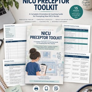 Puede incluir: Una guía de orientación y coaching NICU Preceptor Toolkit para nuevos enfermeros, que incluye un PDF imprimible de 15 páginas. El conjunto contiene un planificador de orientación, listas de verificación de competencias y formularios.