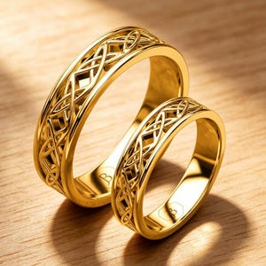 Könnte beinhalten: Zwei goldene Ringe mit einem komplizierten, durchgehenden keltischen Knotenmuster, das in das äußere Band eingraviert ist. Jeder Ring hat eine glatte, polierte Innenfläche mit einem kleinen, deutlichen Buchstaben-B-Logo im Inneren.