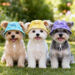 Peut inclure: Trois petits chiens portant des chapeaux bob tie-dye avec des mentonnières réglables. Le chapeau bleu clair est brodé du nom Milo, le jaune du nom Sunny et le violet du nom Luna. Chaque chapeau présente un motif aux couleurs assorties.
