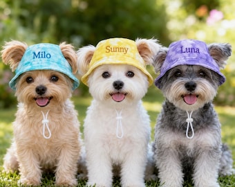 Personalized Embroidered Tie-Dye Dog Bucket Hat with Ear Holes, Adjustable Chin Strap