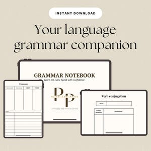May include: A digital language study planner set featuring three tablet screens displaying grammar templates. The main screen shows the text "GRAMMAR NOTEBOOK" and "PLAN AND PASS". Smaller screens display "Pronouns" and "Verb conjugation" tables.