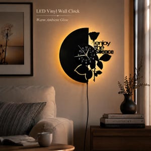 Reloj de pared LED de vinilo con rosa negra, decoración de pared con luz ambiental cálida, reloj de vinilo floral para sala de estar, dormitorio y oficina, decoración de regalo única