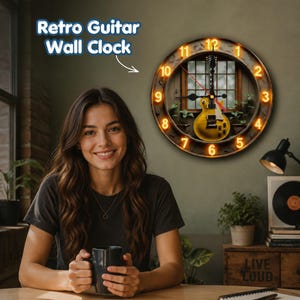 May include: A round wall clock featuring a yellow electric guitar graphic on the face, surrounded by a dark metallic frame with illuminated orange numbers from 1 to 12. The text Retro Guitar Wall Clock is displayed above the clock face.