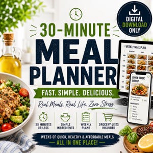 30-Minute Meal Planner | Interactive Weekly Menu, Grocery List (Digital Download)