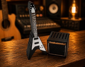 Electric Guitar Pick Holder with Mini Amp, Music Desk Decor, Guitarist Gift