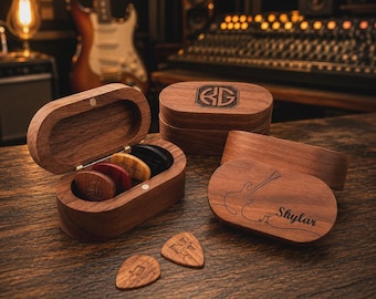 Caja de madera personalizada para púas de guitarra, estuche de madera grabado a medida, regalo para guitarristas