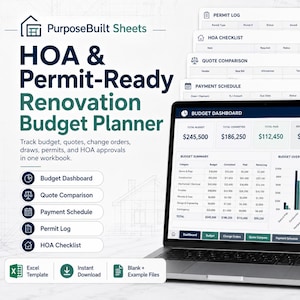 May include: A digital renovation budget planner displayed on a laptop screen, featuring a budget dashboard with financial charts, tables, and tabs for permit logs, HOA checklists, quote comparisons, and payment schedules, titled PurposeBuilt Sheets.