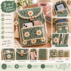 May include: A sage green crochet sleeve featuring white and yellow daisy motifs, a wooden button closure, a front pocket, and a side pen holder. The design includes a tassel with a daisy charm and is shown in three sizes for books, Kindles, and phones.