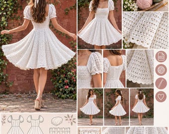 Puede incluir: Un vestido de ganchillo blanco con escote cuadrado, mangas abullonadas y falda acampanada con dobladillo festoneado. El diseño incluye un corpiño ajustado con patrones calados, mostrado en varias vistas junto a ovillos de lana y un diagrama de tejido.