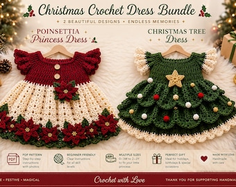 Puede incluir: Un conjunto de vestidos de ganchillo navideños con dos diseños: un vestido Poinsettia Princess rojo y crema con detalles florales y dos botones, y un vestido de árbol de Navidad verde con una estrella amarilla, pompones rojos y blancos y mangas con volantes.