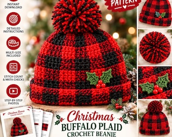 Puede incluir: Un patrón de ganchillo para un gorro de Navidad con diseño de cuadros rojos y negros, un pompón grande y una aplicación de hojas de acebo verdes con bayas rojas. El documento incluye texto para descarga instantánea.