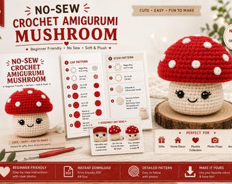Puede incluir: Un patrón de ganchillo en PDF digital para un hongo amigurumi sin costuras. El documento incluye texto, diagramas y fotos de un hongo con sombrero rojo de puntos blancos y tallo color crema con cara sonriente, junto a un peluche terminado.