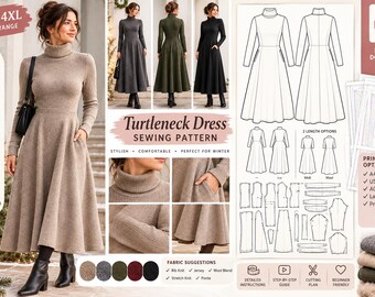 Puede incluir: Un patrón de costura digital para un vestido de cuello alto, manga larga, falda en línea A y bolsillos. La imagen muestra la prenda terminada en varios colores, dibujos técnicos de las piezas del patrón y el texto Turtleneck Dress.