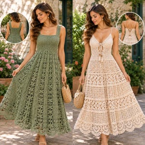Puede incluir: Se muestran dos vestidos de ganchillo. El vestido de la izquierda es verde salvia con escote cuadrado y tirantes anchos. El vestido de la derecha es color crema con escote en V profundo, tirantes finos y cierre de lazo frontal.