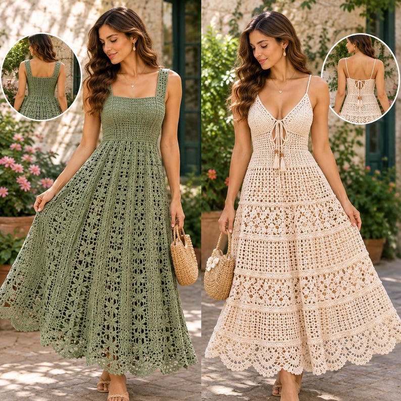 Puede incluir: Se muestran dos vestidos de ganchillo. El vestido de la izquierda es verde salvia con escote cuadrado y tirantes anchos. El vestido de la derecha es color crema con escote en V profundo, tirantes finos y cierre de lazo frontal.