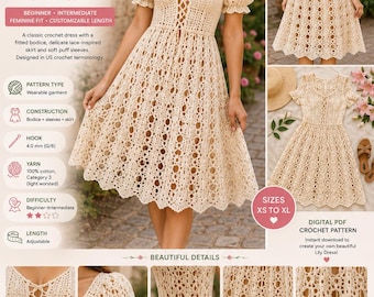 Puede incluir: Un patrón de ganchillo digital en PDF para el vestido Lily, que presenta una prenda beige de estilo encaje con corpiño ajustado, mangas abullonadas, escote con cordones y dobladillo festoneado. Incluye instrucciones detalladas y tallas de XS a XL.