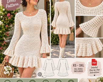 Puede incluir: Un patrón de vestido de ganchillo color crema con mangas largas acampanadas, cuello redondo y dobladillo con volantes. El diseño incluye instrucciones detalladas paso a paso para tallas de la XS a la 3XL, en formato PDF con diagramas.
