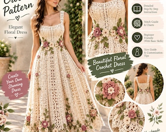 Puede incluir: Un vestido largo de ganchillo color crema con escote cuadrado, tirantes anchos y una cintura adornada con aplicaciones florales tridimensionales en rosa y blanco, con hojas verdes dispersas por toda la falda y el corpiño.