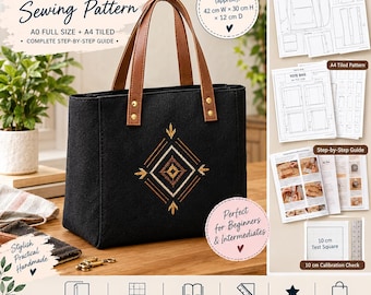 Puede incluir: Un bolso tote negro con asas marrones y un diseño geométrico bordado. La imagen incluye el texto: TOTE BAG Sewing Pattern, A0 FULL SIZE + A4 TILED, COMPLETE STEP-BY-STEP GUIDE, Finished Size (approx.): 42 cm W x 30 cm H x 12 cm D.
