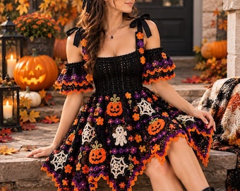Puede incluir: Un vestido de ganchillo negro con diseño de hombros descubiertos y tirantes de lazo, decorado con motivos de calabazas naranjas, fantasmas blancos y telarañas blancas, acentuado con pequeñas flores moradas y naranjas y un accesorio para el pelo.
