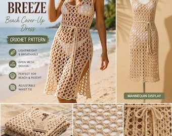 Puede incluir: Un vestido de playa de ganchillo beige con diseño de malla abierta, escote redondo y un lazo ajustable en la cintura con borlas. La prenda se muestra en un maniquí y doblada, destacando la textura del hilo de algodón tejido a mano.