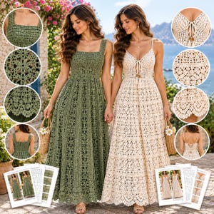 Puede incluir: Dos vestidos largos de ganchillo, uno en verde oliva con escote cuadrado y tirantes anchos, y otro en crema con escote en V, tirantes finos y cierre de lazo frontal. Ambos vestidos presentan intrincados patrones florales y dobladillos festoneados.